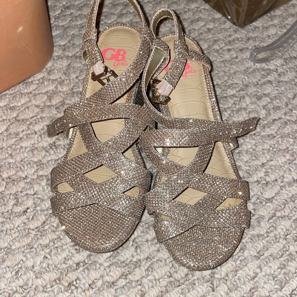 Gold glittery, high heeled sandals